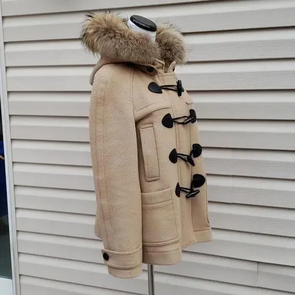 BURBERRY CHECK LINED WOOL TOGGLE DUFFLE COAT WITH FUR TRIMMED HOOD - Picture 3 of 15